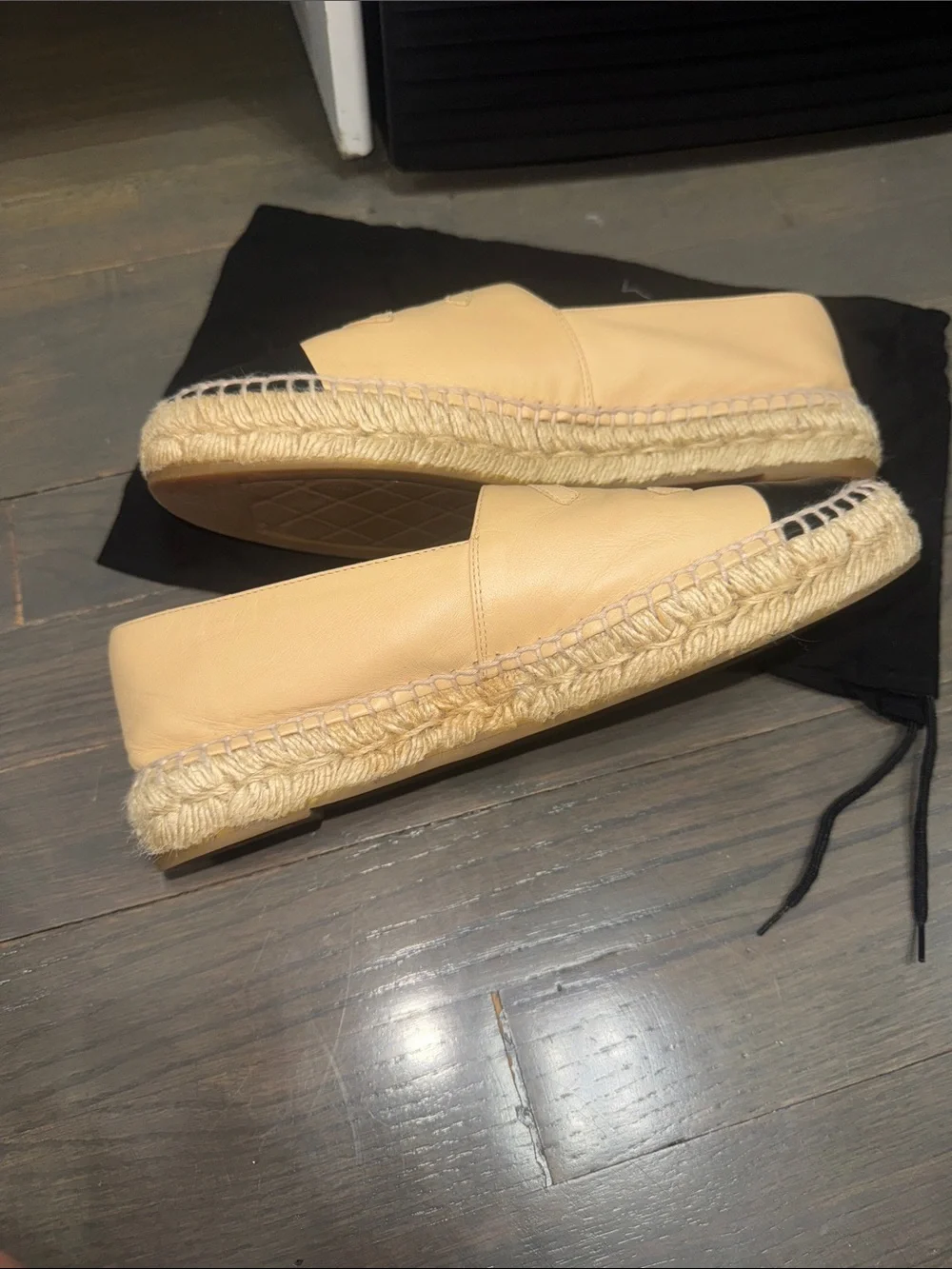 CHANEL Beige Leather Espadrille Flats with Black Cap Toe